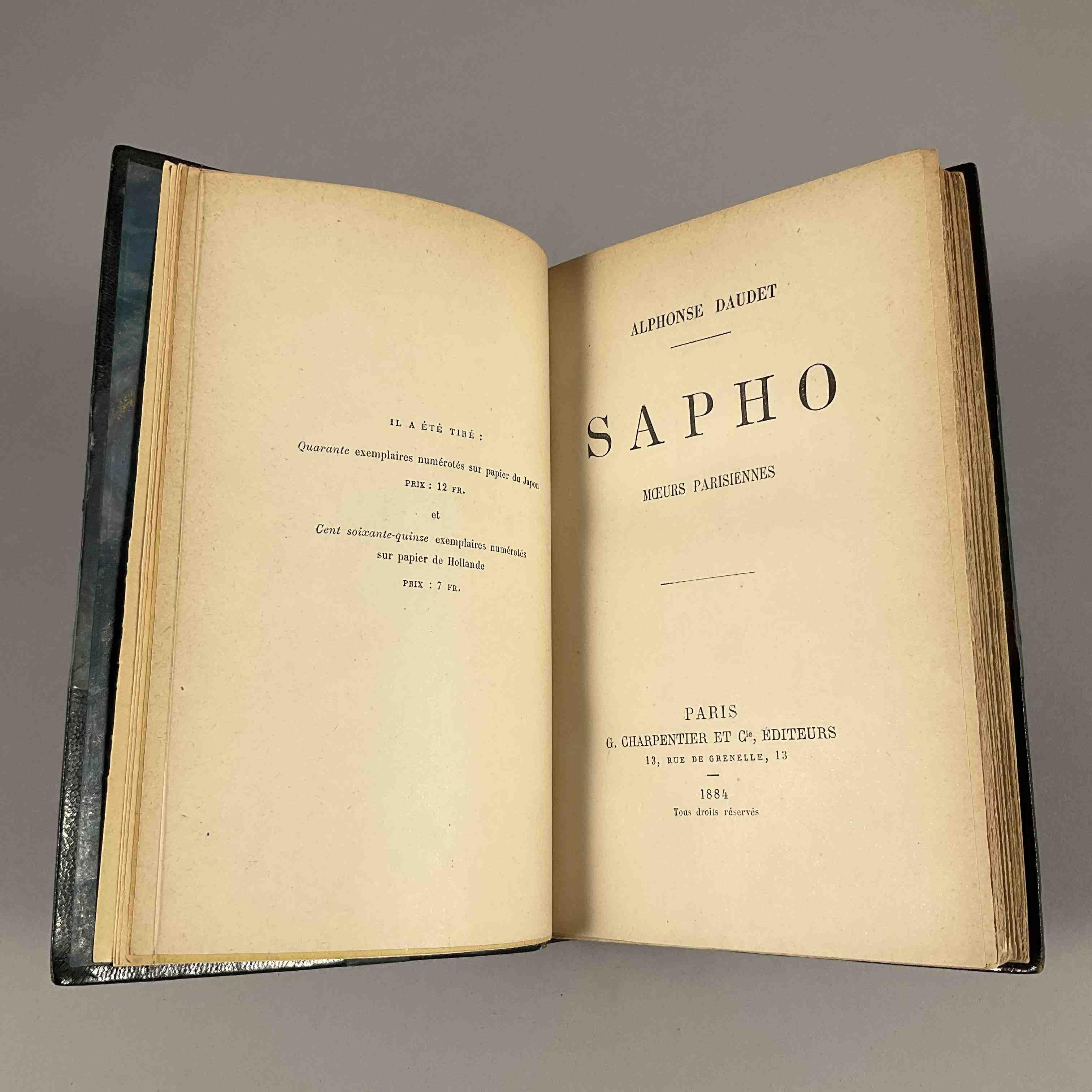 Alphonse Daudet, Sapho - moeurs parisiennes.
Paris, Charpentier, 1884. In-12, [4]-337p.
Edition...