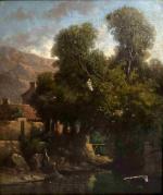 Charles MERME (1818-1869)Paysage méridional animé de lavandières. Huile sur toile...