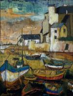 Paul KEROUEDAN (1929-2016)
"Bateaux dans le port de Loctudy".
Huile sur isorel...