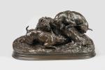 Pierre-Jules MENE (Paris, 1810-1879)"Trois chiens au terrier, chasse au lapin"Bronze...