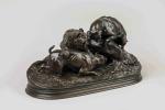 Pierre-Jules MENE (Paris, 1810-1879)"Trois chiens au terrier, chasse au lapin"Bronze...