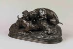 Pierre-Jules MENE (Paris, 1810-1879)"Trois chiens au terrier, chasse au lapin"Bronze...