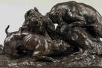 Pierre-Jules MENE (Paris, 1810-1879)"Trois chiens au terrier, chasse au lapin"Bronze...