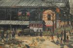 Pierre FARGE (1878-1947)Les Halles de Paris présentant une enseigne de...