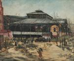 Pierre FARGE (1878-1947)Les Halles de Paris présentant une enseigne de...