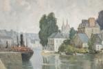 Abel VILLARD (Ploaré, 1871 - Quimper, 1969)"Entrée du Port. Quimper"Huile...