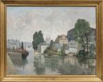 Abel VILLARD (Ploaré, 1871 - Quimper, 1969)"Entrée du Port. Quimper"Huile...