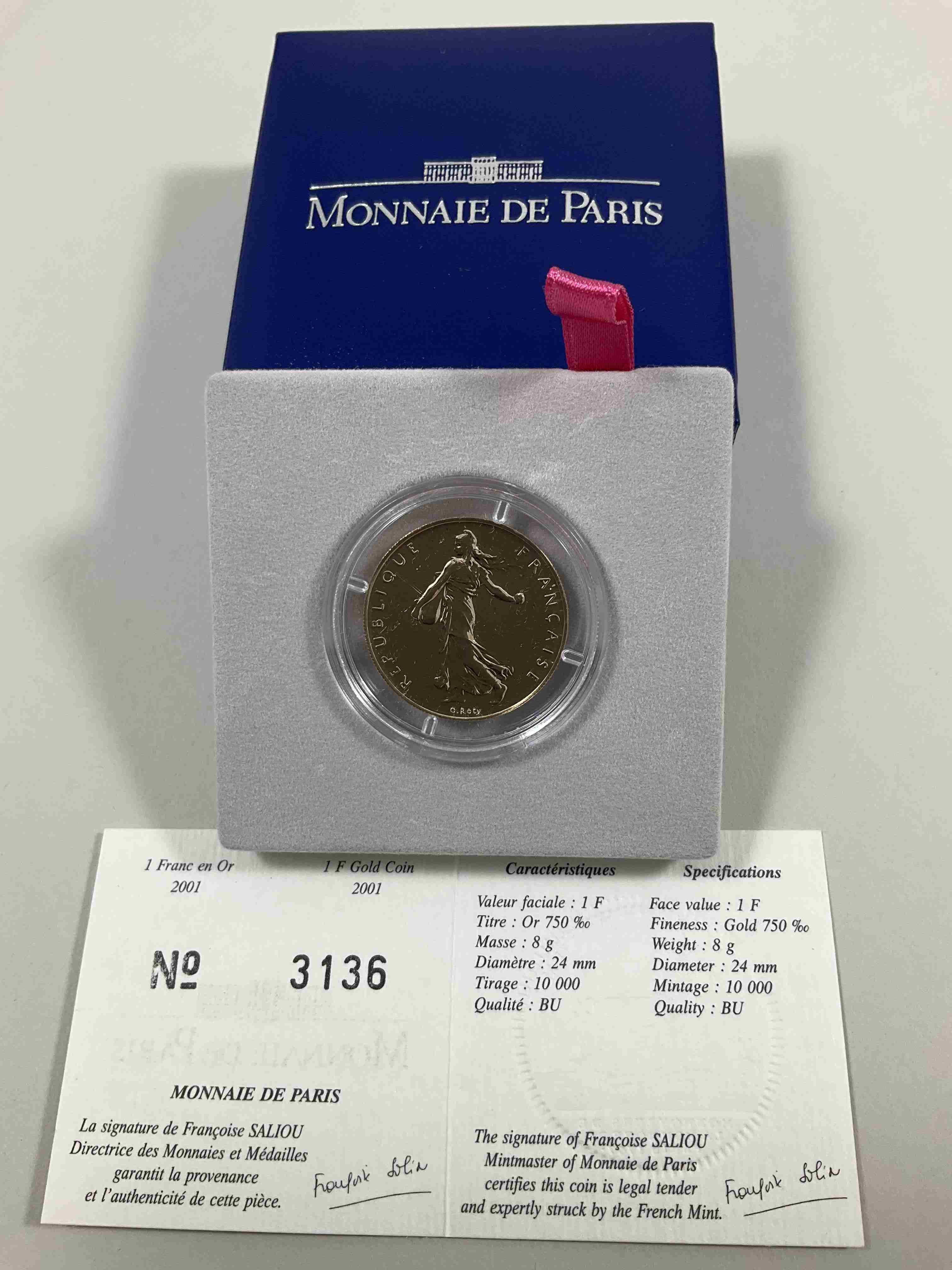 FRANCE, Ve République. 1 franc or (750 millièmes), semeuse, 2001....