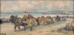 Lionel FLOCH (Quimper, 1895-1972)Caravane de goémoniers.Huile sur carton signée en...