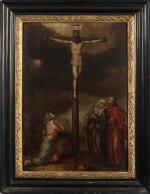 Ecole ANVERSOISE vers 1600
La Crucifixion, avec Marie-Madeleine.
Panneau de chêne, deux...