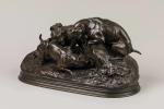 Pierre-Jules MENE (Paris, 1810-1879)"Trois chiens au terrier, chasse au lapin"Bronze...