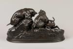 Pierre-Jules MENE (Paris, 1810-1879)"Trois chiens au terrier, chasse au lapin"Bronze...