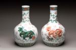 CHINE, XXème siècle
Paire de vases bouteilles en porcelaine émaillée polychrome...